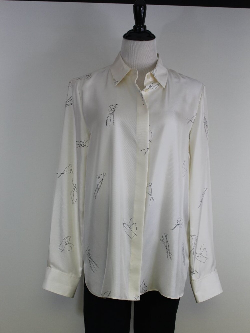 Theory Silk Blouse Classic Straight Abstract Print Ivory L